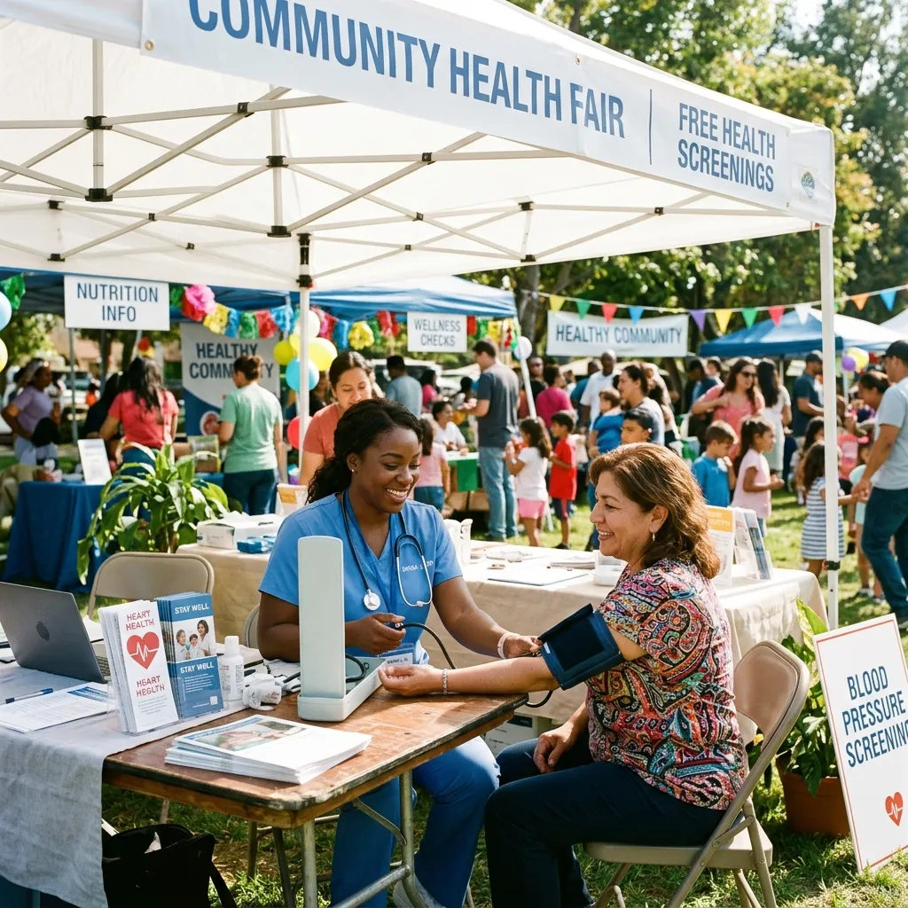 A nurse conducting blood pressure checks under a canopy tent during a community health fair