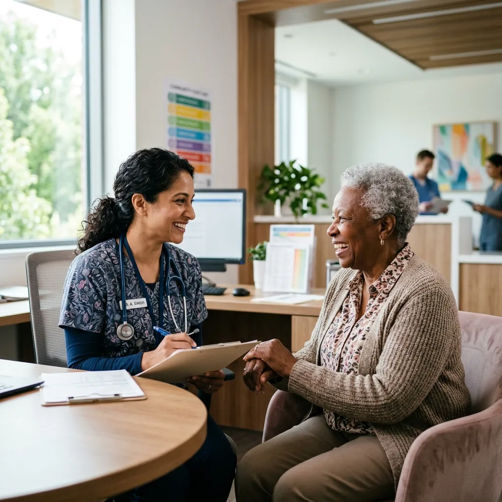 A female doctor of diverse background consulting with an elderly patient in a warm, modern clinic